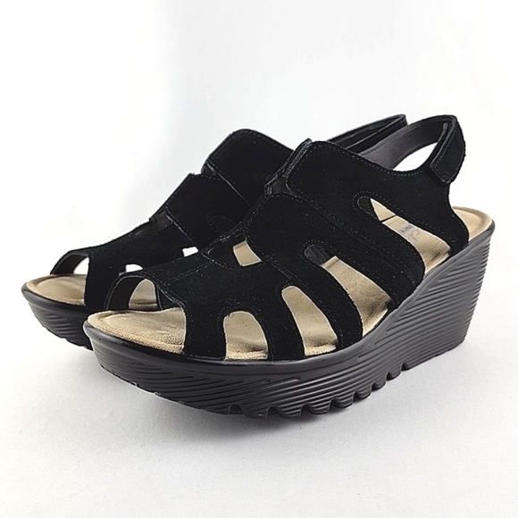 Skechers Women's Black Suede Wedge Platform Parallel Stylin Cutout Sandal Size 6 - Picture 3 of 16